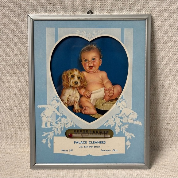 Vintage Baby & Dog Framed Thermometer Picture 1930s to 1950s  Wall Hanging - Picture 1 of 6